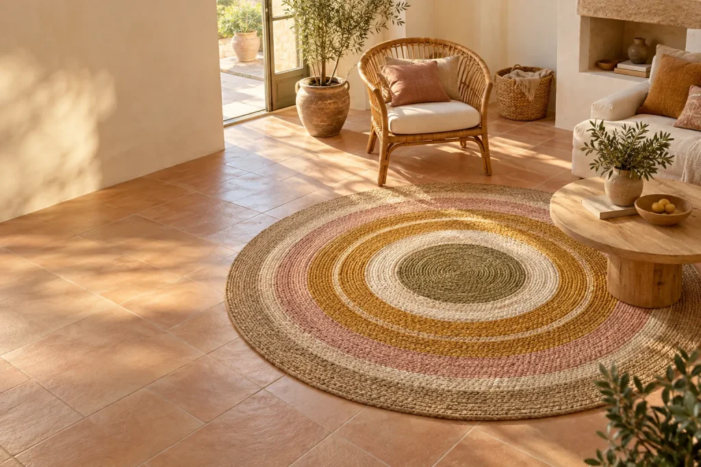 Alfombra redonda de yute y lana con círculos concéntricos en un salón mediterráneo